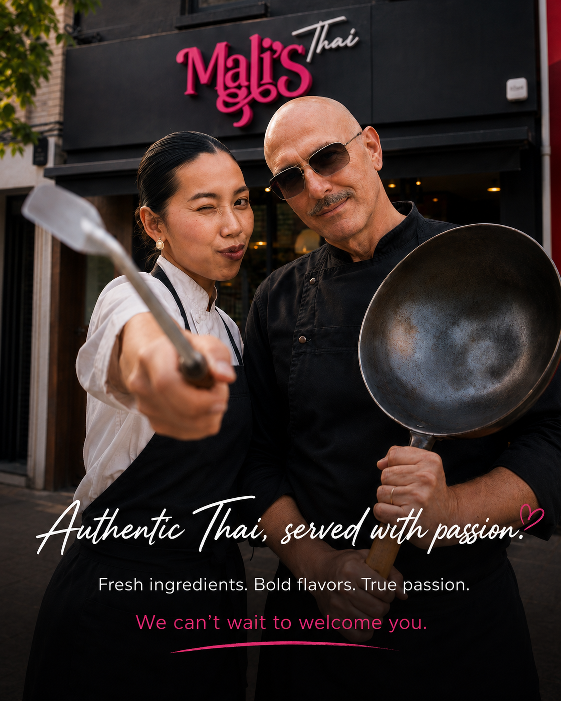 Mali's Thai restaurant logo met drie personages
